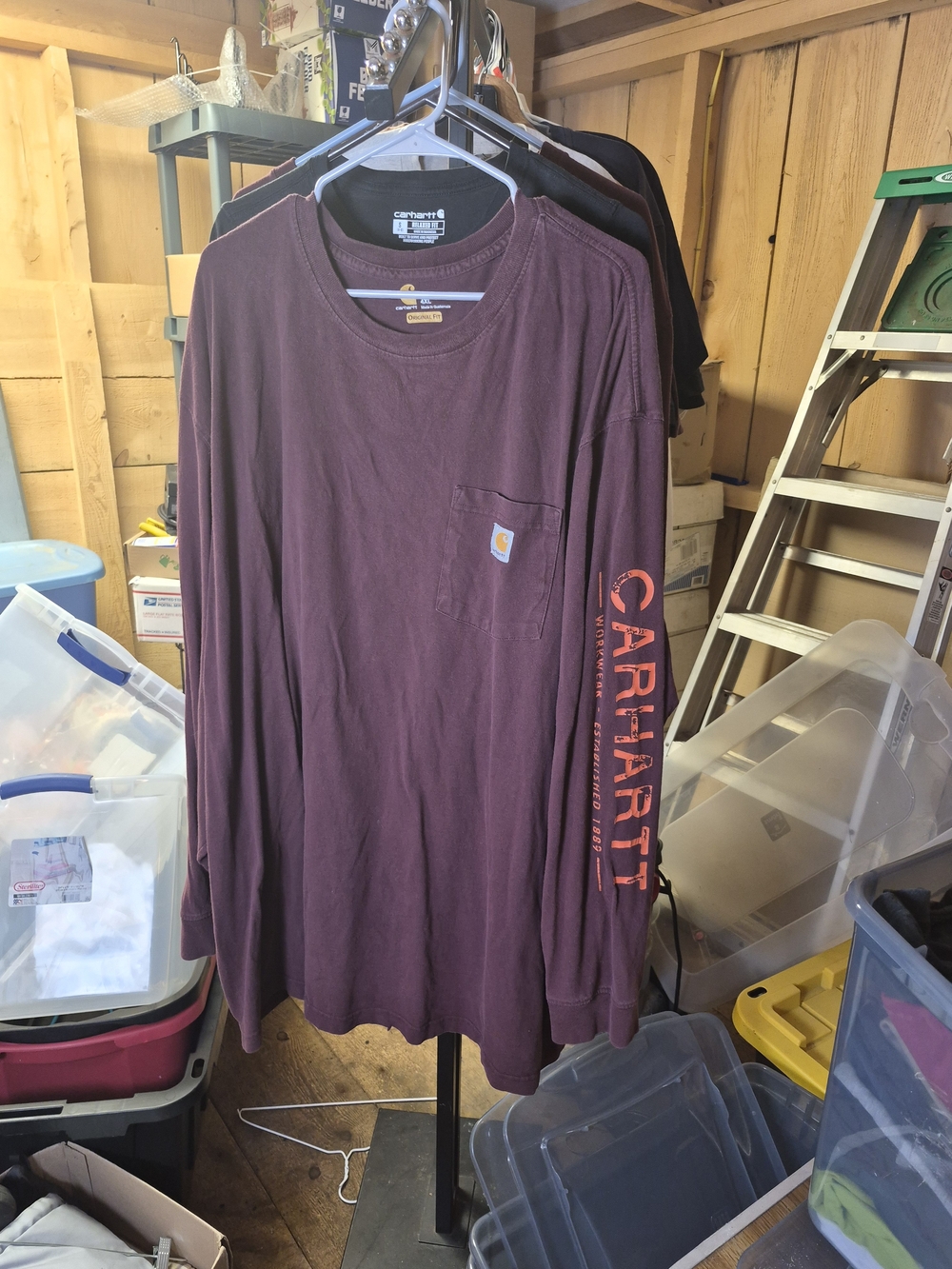 Carhartt Long Sleeve Pocket Tee in Burgundy with Orange Sleeve Logo Bin 50